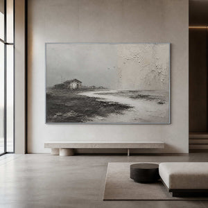 Three Birds Cross the Quiet Shore in a silver-framed hotel lobby