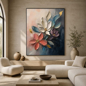 Textured floral wall art displayed in a warm modern living room.