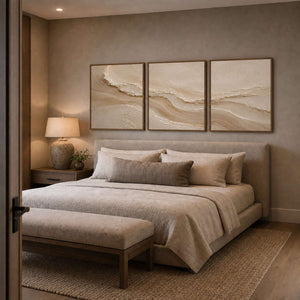 Neutral Textured Art Set displayed in a refined bedroom.