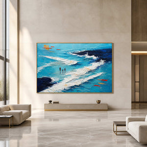 Blue textured coastal wall art displayed in an upscale hotel lobby.
