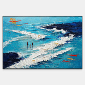 Hand-painted coastal wall art with three figures among turquoise, cobalt, navy, and white surf.