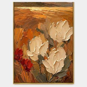 Three cream flowers and smaller red blossoms against a textured amber and rust background.