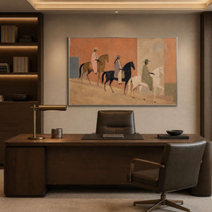 Geometric horse rider canvas in a silver frame displayed in an office.
