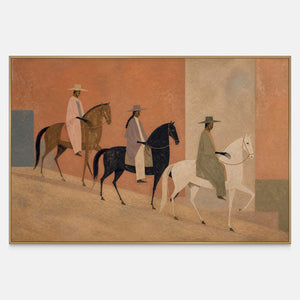 Textured painting of three horse riders in warm terracotta and earth tones.