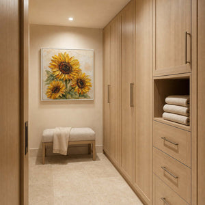 Textured Sunflower Wall Art displayed in a refined bathroom.