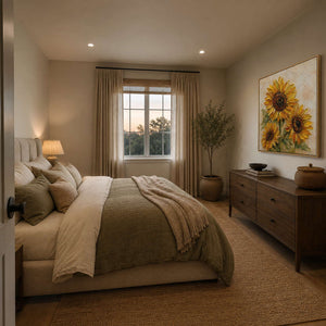 Textured Sunflower Wall Art displayed in a refined bedroom.