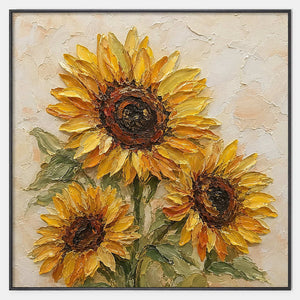 Hand-painted textured sunflower wall art in warm tones, green, and beige & cream.