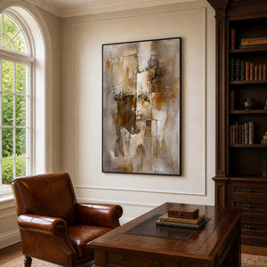 Black-framed earthy abstract artwork above a wooden desk beside bookshelves and a leather armchair.