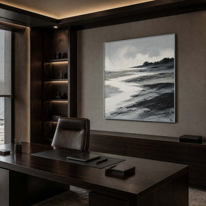 Modern coastal wall art in a sophisticated office with a silver frame.