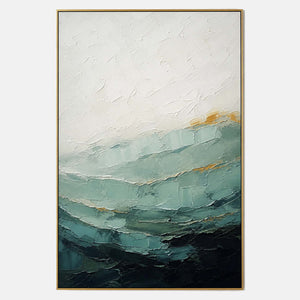 Hand-painted textured coastal wall art with blue, white, and neutral tones.