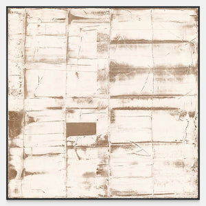 Square abstract with pale rectangular strokes, rubbed brown seams, fine scratches and earthy accents.