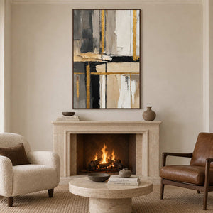 Vertical abstract painting above a pale fireplace between cream and brown armchairs.
