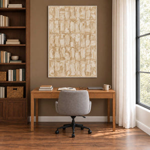 Time in Verse in a white frame above a wood desk and gray office chair against a warm brown wall.