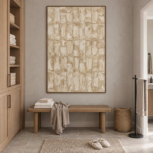 Time in Verse in a wood frame above a bench holding folded towels beside a basket in a bathroom dry area.