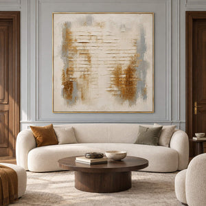 Ivory abstract painting with warm gold patches and horizontal raised lines in a gold frame in a living room.