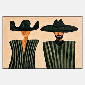 Two green-striped figures in dark wide hats on cream; the right figure has a black beard and neck scarf.