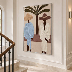 Angled view of the two-figure painting beside a curved stair rail on a paneled wall.