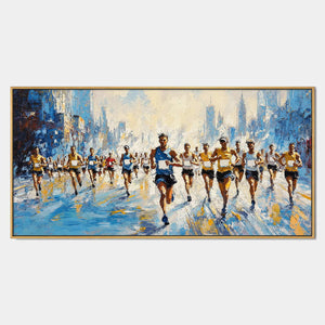 Hand-painted running wall art with blue, warm tones, and white tones.