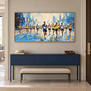 Blue and cream city running painting with a group of runners in a gold frame in an entryway.