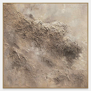 Front view of irregular beige and taupe relief-like textures on a pale square ground, with a gold-colored frame.
