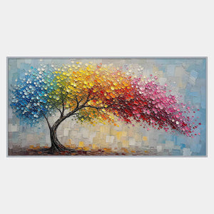 Hand-painted textured tree wall art with blue, green, gold, orange, and pink leaves.