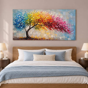 Rainbow tree painting with raised colorful leaves and a pale blue background without an outer frame in a bedroom.