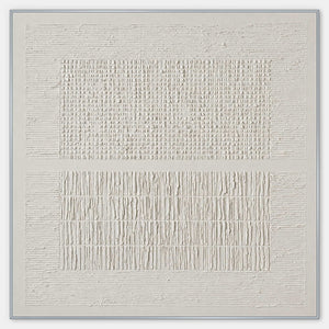 Hand-painted square ivory canvas with two fields of repeated relief marks.