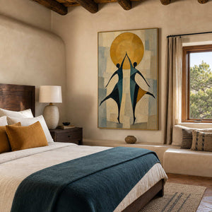 Textured figurative wall art displayed in a calm modern bedroom.