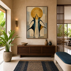 Textured figurative wall art displayed in a refined modern entryway.
