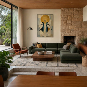 Textured figurative wall art displayed in a warm family room.