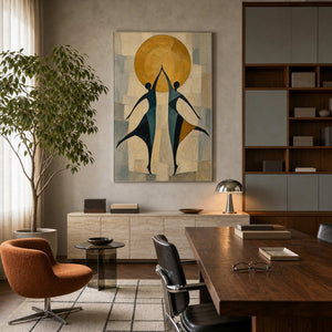 Textured figurative wall art displayed in a sophisticated home office.