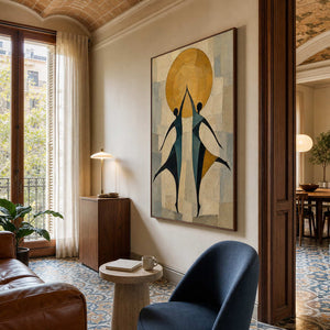 Textured figurative wall art displayed in an elegant reading room.