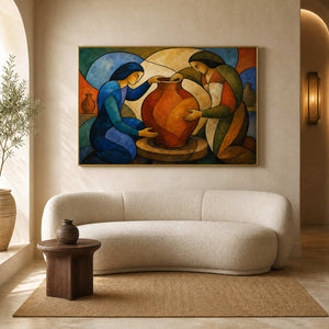 Terracotta vessel wall art displayed in a warm white boutique hotel lounge.