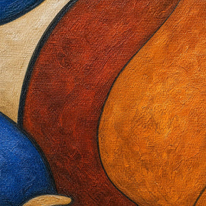 Close-up of terracotta, orange, cobalt, olive, and cream painted canvas texture.