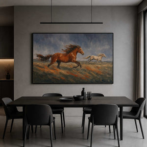 Two-horse artwork displayed in a cool gray modern dining room.