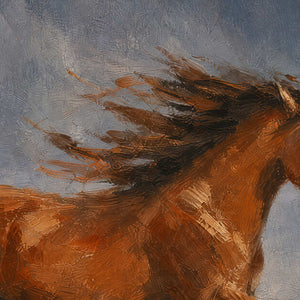 Close-up of chestnut horse form and expressive painted brushwork.