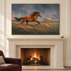 Hand-painted scene of chestnut and pale horses running across open ground, displayed beside or above a fireplace in a brown wood frame.