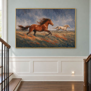 Hand-painted scene of chestnut and pale horses running across open ground, displayed beside a staircase in a gold frame.