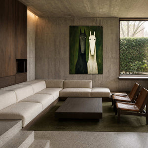Textured horse wall art displayed in a calm modern living room.