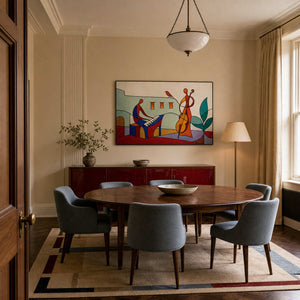 Colorful piano and cello wall art displayed in a London dining room.