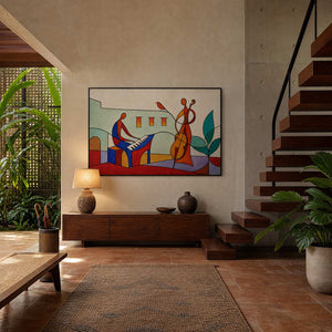 Modern figurative music wall art displayed in a São Paulo stair hall.