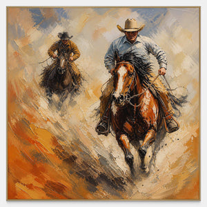 Hand-painted western scene of two riders charging through dust.