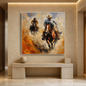 Square equestrian painting displayed in a softly lit hotel hallway.