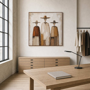 Textured figurative canvas displayed in a bright fashion design studio.
