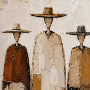 Close-up of raised ivory, rust, and ochre palette-knife figures.