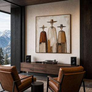 Earth-toned western wall art above a modern mountain music lounge.