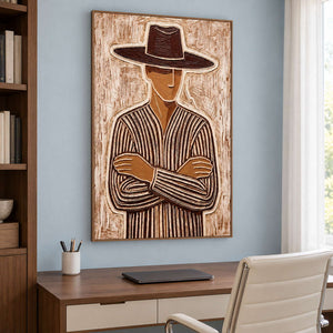 Brown-hat artwork above a wooden desk with a white office chair on a blue wall.