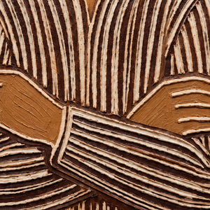 Close-up of outlined fingers and cream ridges following the crossed brown sleeves.