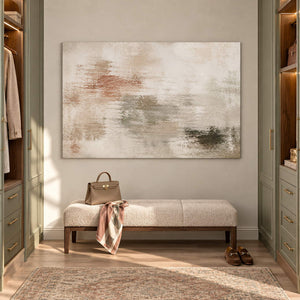 Neutral abstract painting with ivory, taupe, clay, and olive layered marks without an outer frame in a dressing area.