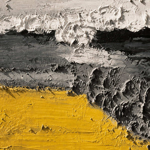 Close view of sculptural white and charcoal paint ridges meeting a vivid yellow surface.